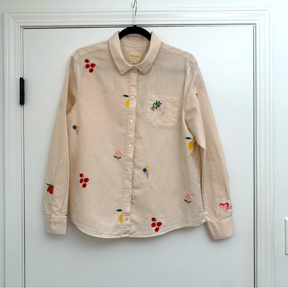 Sezane Linen Button Down with Embroidery in Ecru Size 42